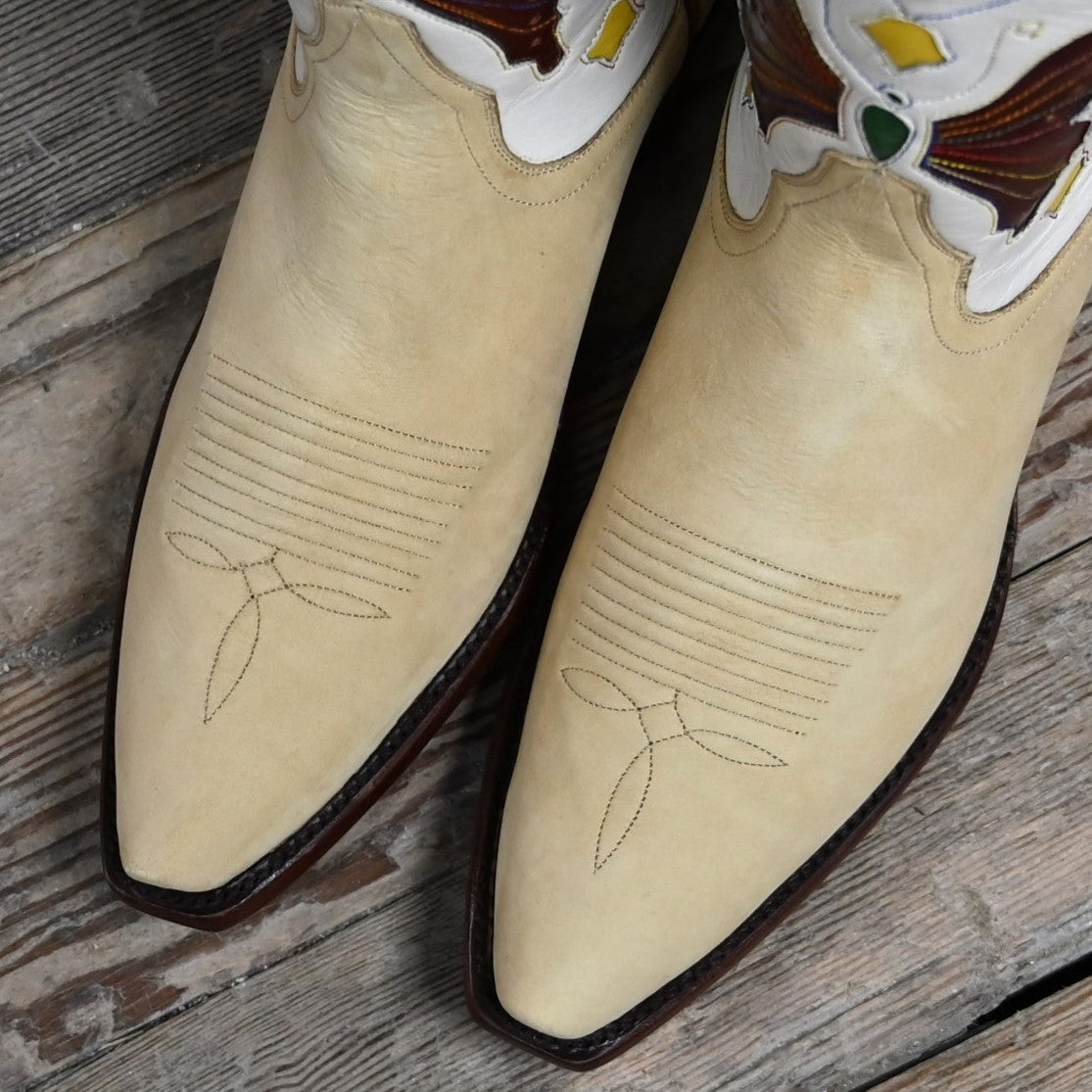View of Stallion Ladies 8" "J.S. Butterfly" boots in tan and beige nubuck with butterfly inlays