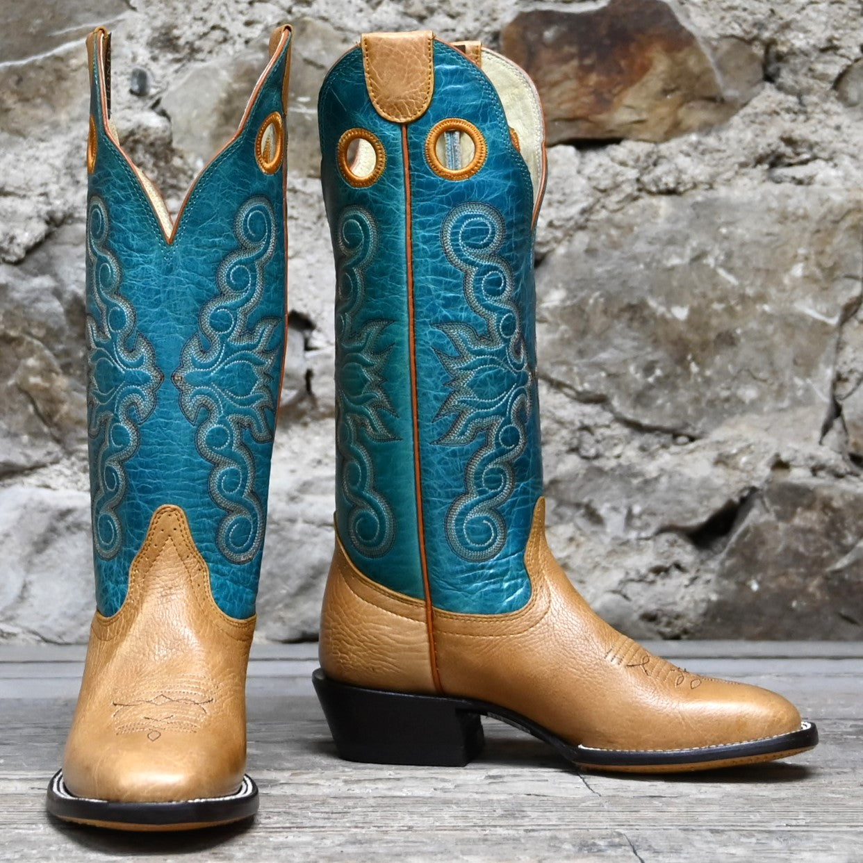 View of Hondo 14" cowboy boot with turquoise volcano top, honey shoulder vamp, and tight square toe