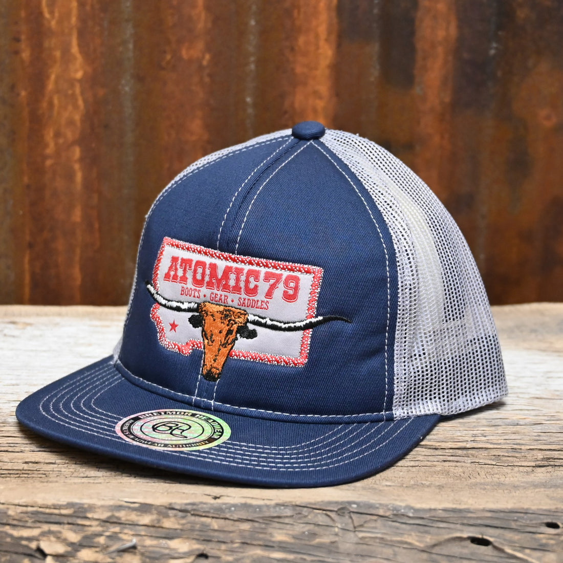 Atomic 79 Mesh Cap in Navy and Grey with Logo view of hat