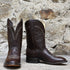 View of Hondo 11" cowboy boot with brown cowhide vamp, brown top, and medium round toe