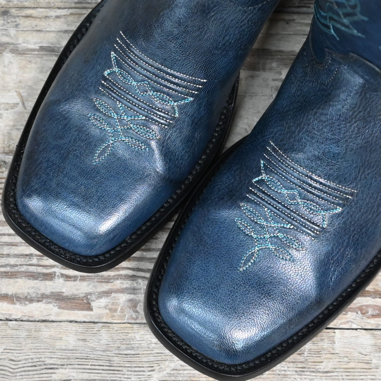 View of Hondo 13" cowboy boot in blue calf with French square toe and pull straps