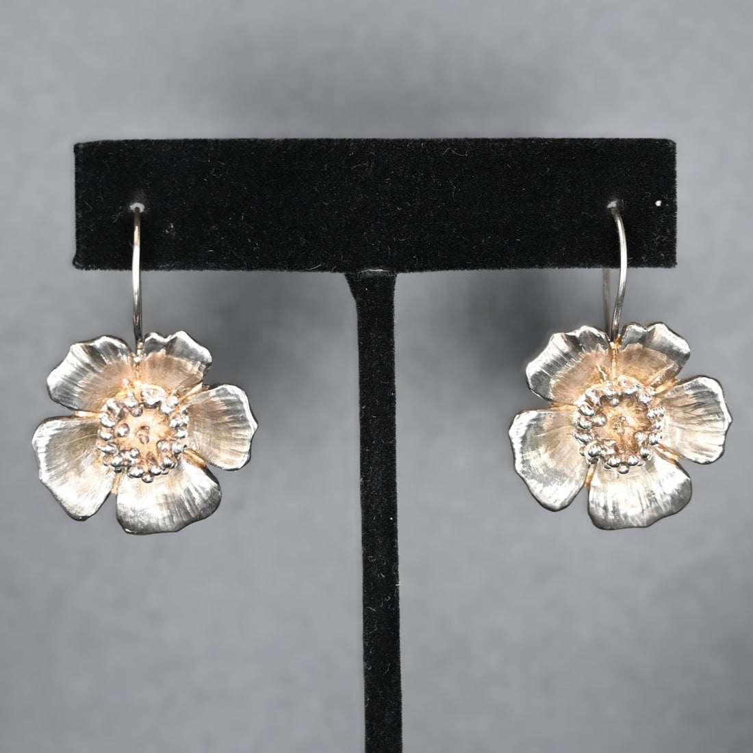 Sterling Silver Small Wild Rose Earrings On Wires view of earrings