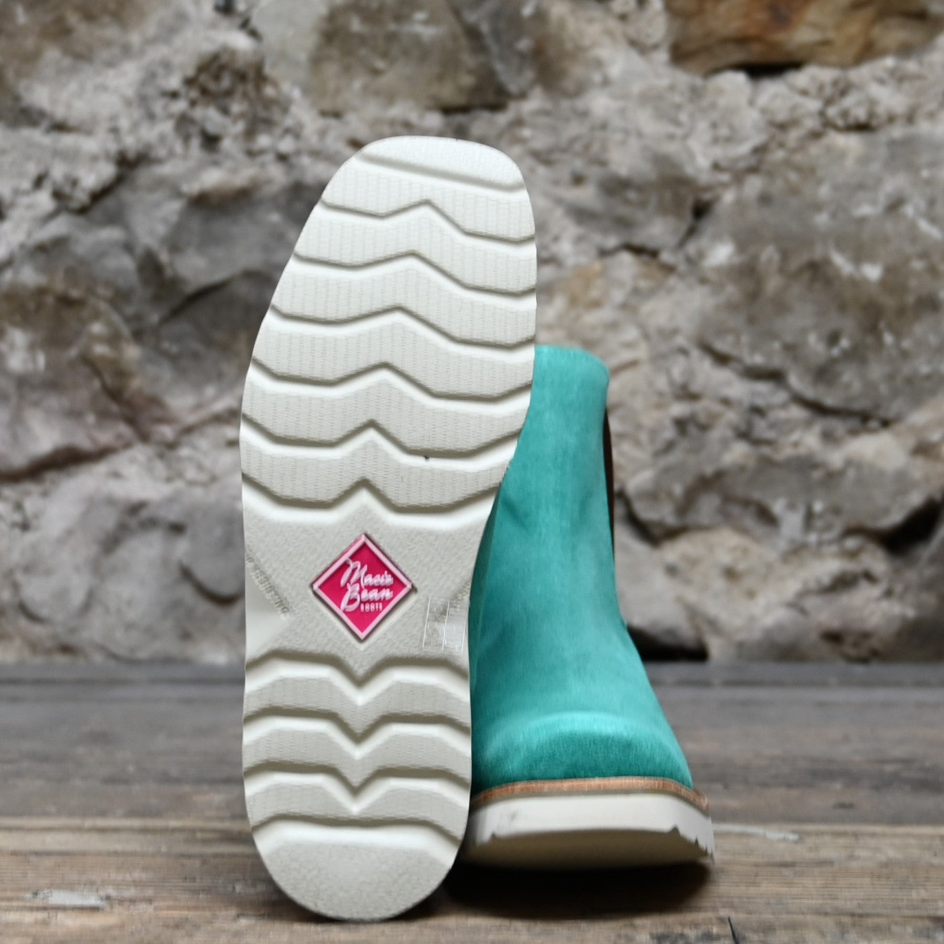 View of Macie Bean ladies turquoise suede wedge bootie with cutter toe and white swedge sole
