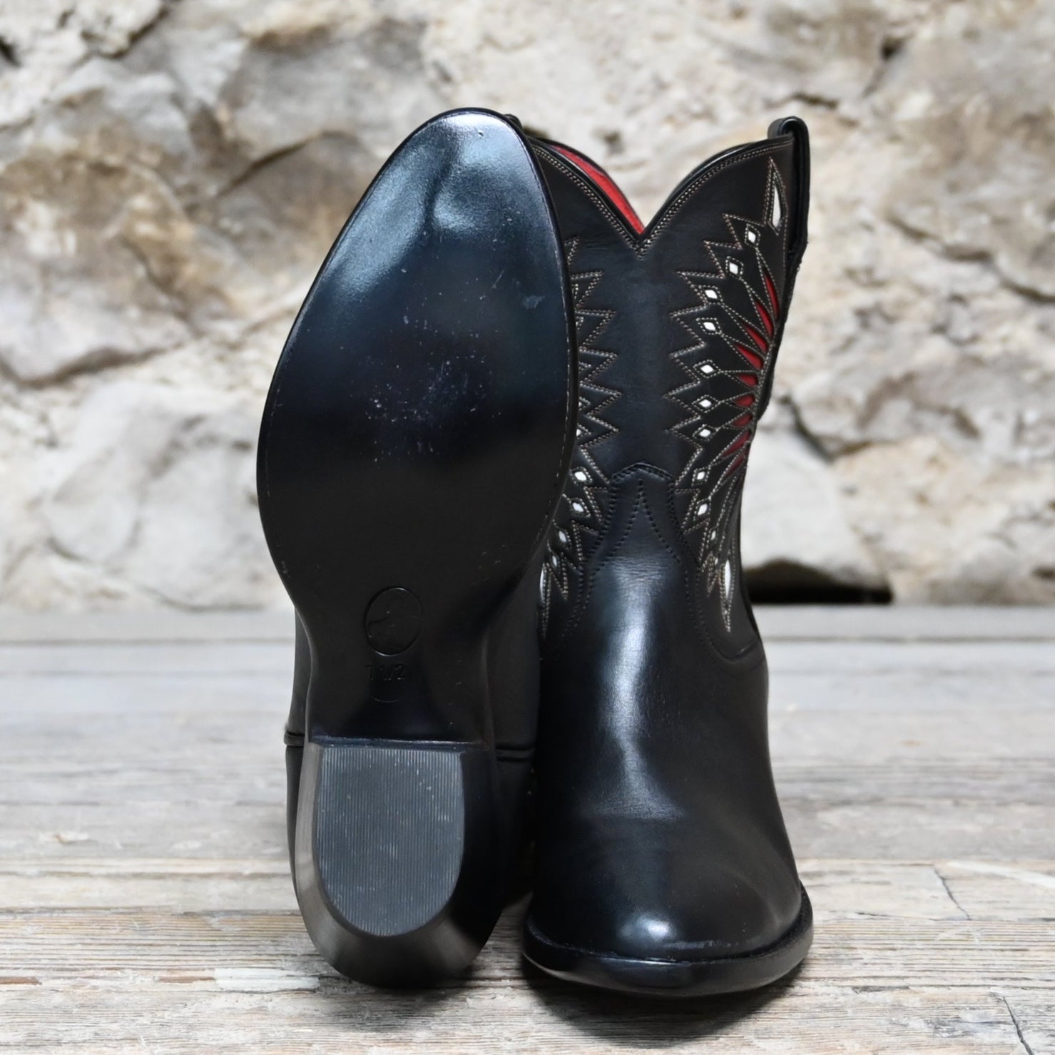 View of Stallion Ladies 9" Peewee boot in black calf with moonburst inlay and 2" heel