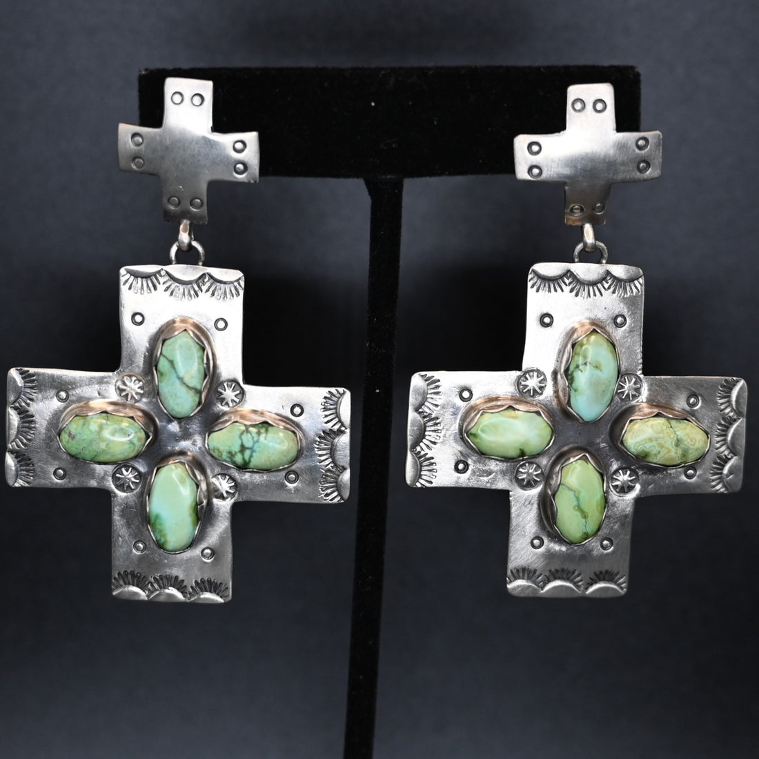 Tyrone Cross Post Earring with 4 Oval Stones on Cross Dangle view of earrings