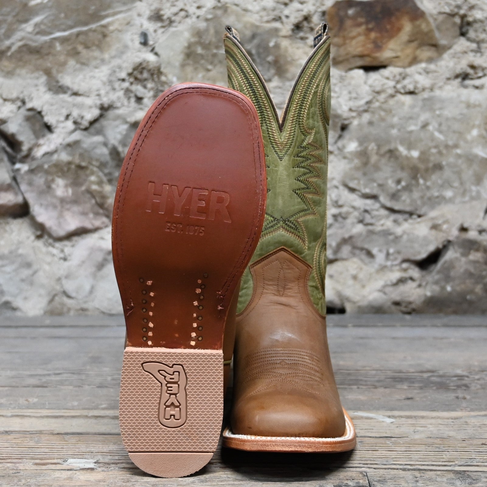 View of Hyer CODELL OLIVE 13" boots showcasing Olive Bravo Goat leather upper and Clay Oilbuck Cowhide vamp with broad square toe and Stockman block heel