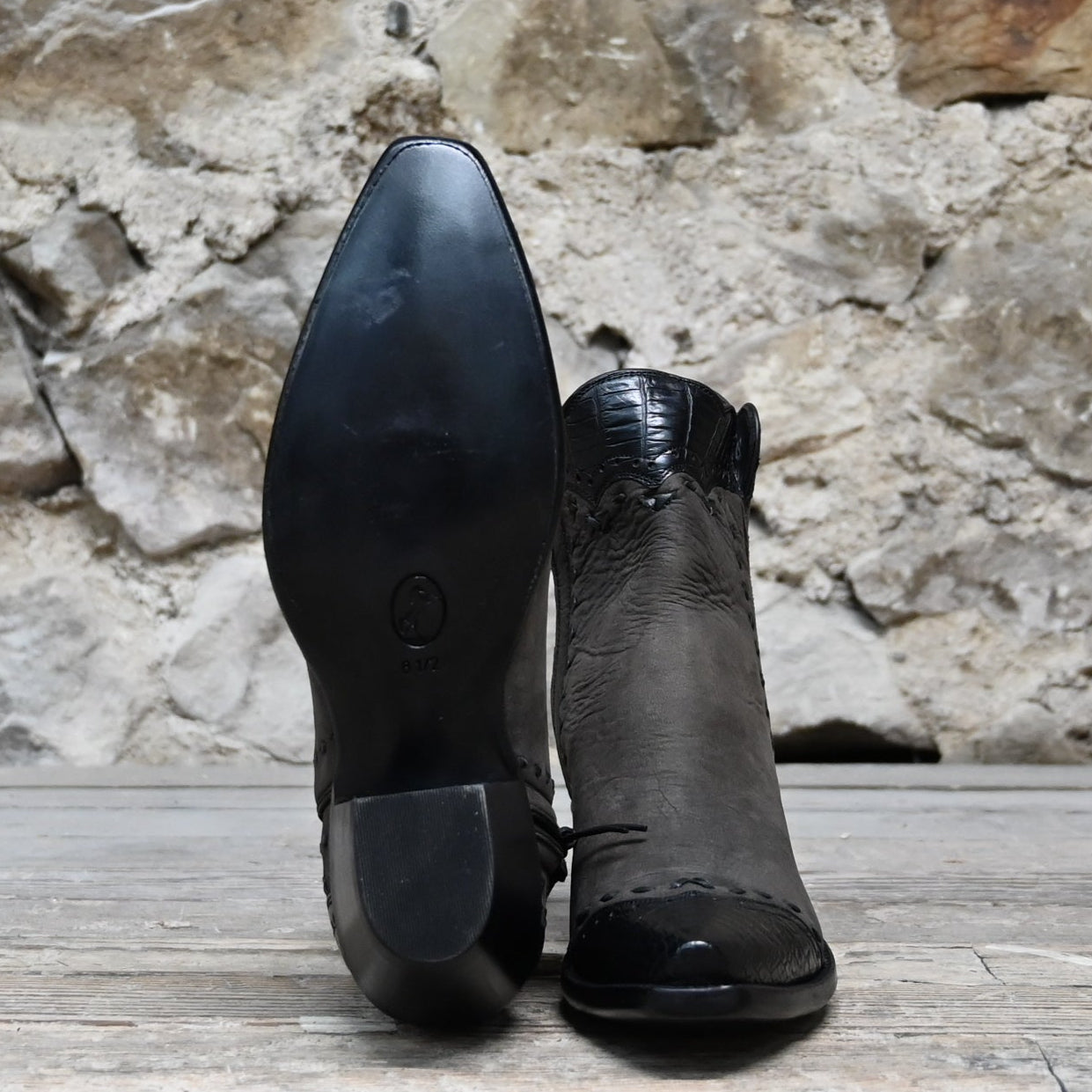 View of Stallion Ladies Zorro zip boot in espresso calf with black alligator wingtip and snip toe