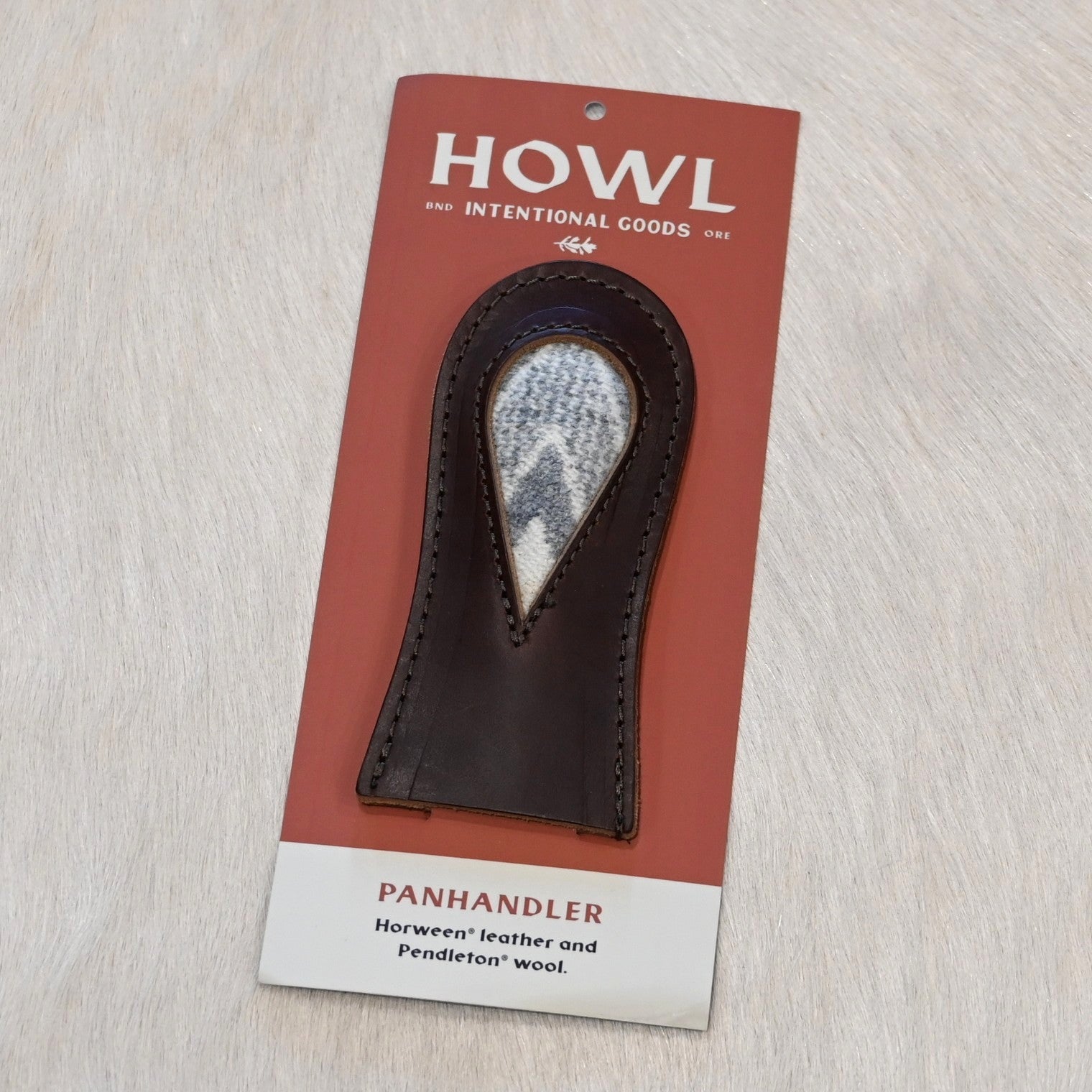 Howl Intentional Goods PanHandler in chestnut leather with Pendleton blanket inlay for cast iron handles