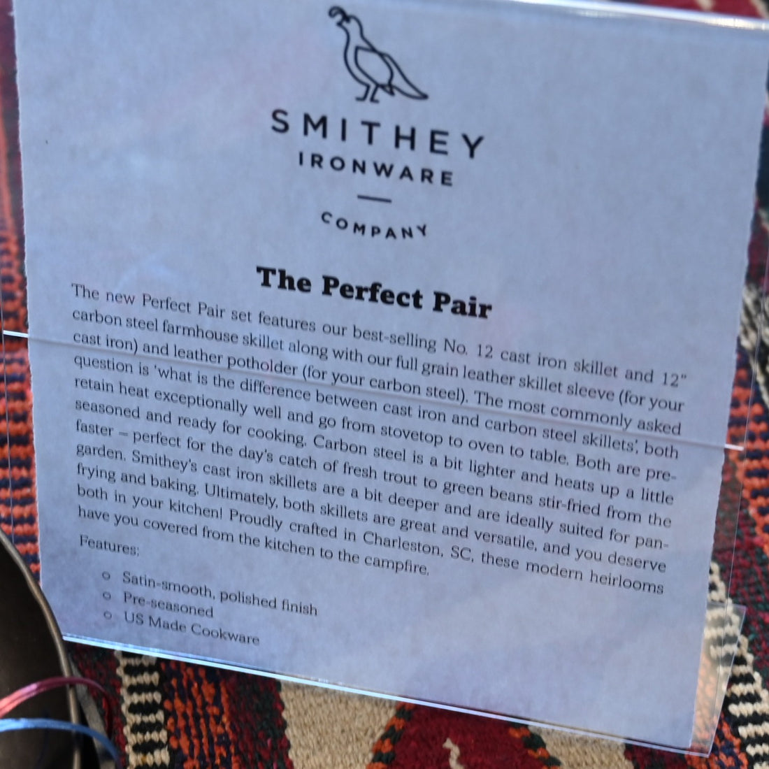 View of Smithey Ironware Perfect Pair Set: No. 12 Cast Iron Skillet and 12" Carbon Steel Farmhouse Skillet with full grain leather sleeve and potholder