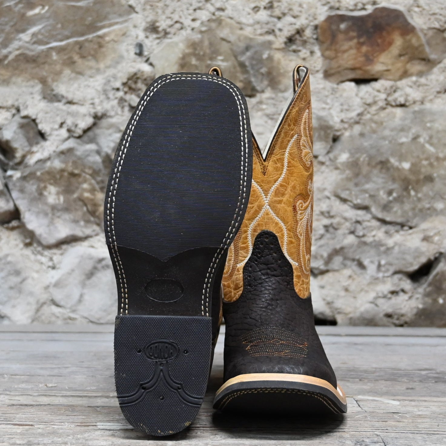 View of Hondo 13" cowboy boot with oryx crater top, sand nubuck bullhide vamp, and wide square toe