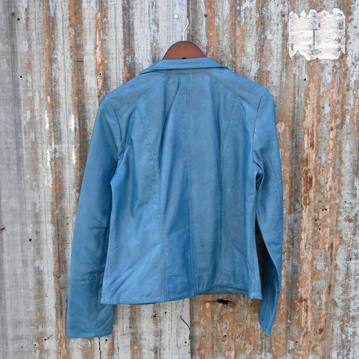 Ladies Lightweight Leather Jacket with Zip Front in Denim view of back