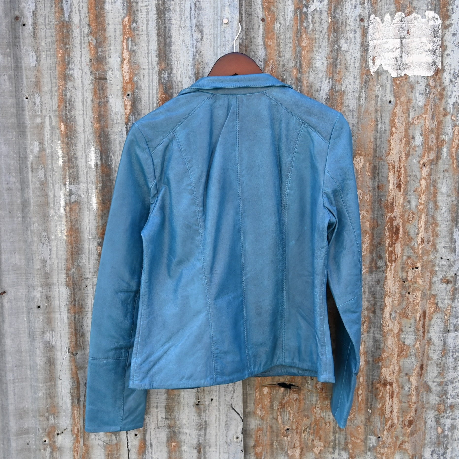 Ladies Lightweight Leather Jacket with Zip Front in Denim view of back