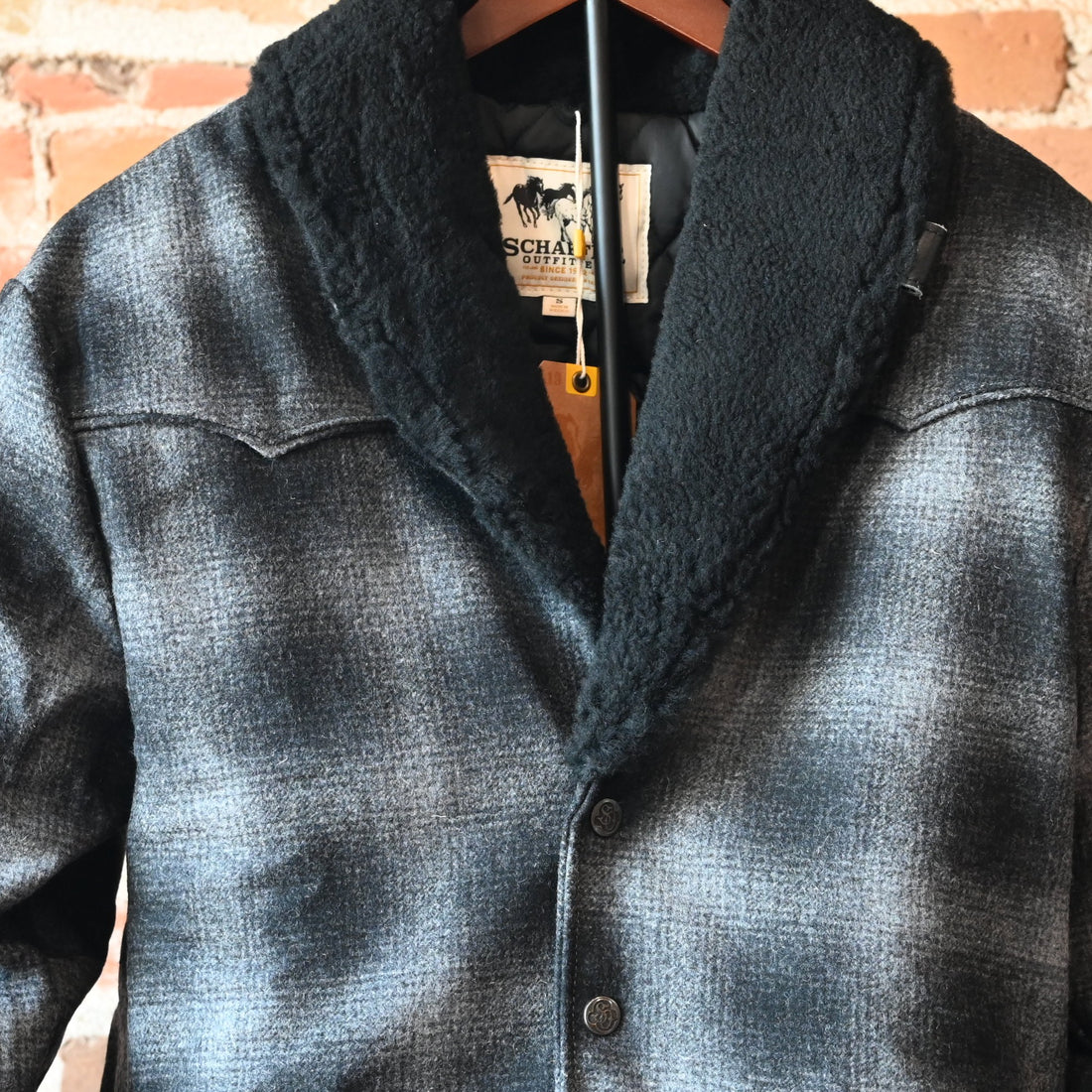 Schaefer Outfitter Wool Coat With Shearling Collar in black Melton wool with shearling collar and front pockets