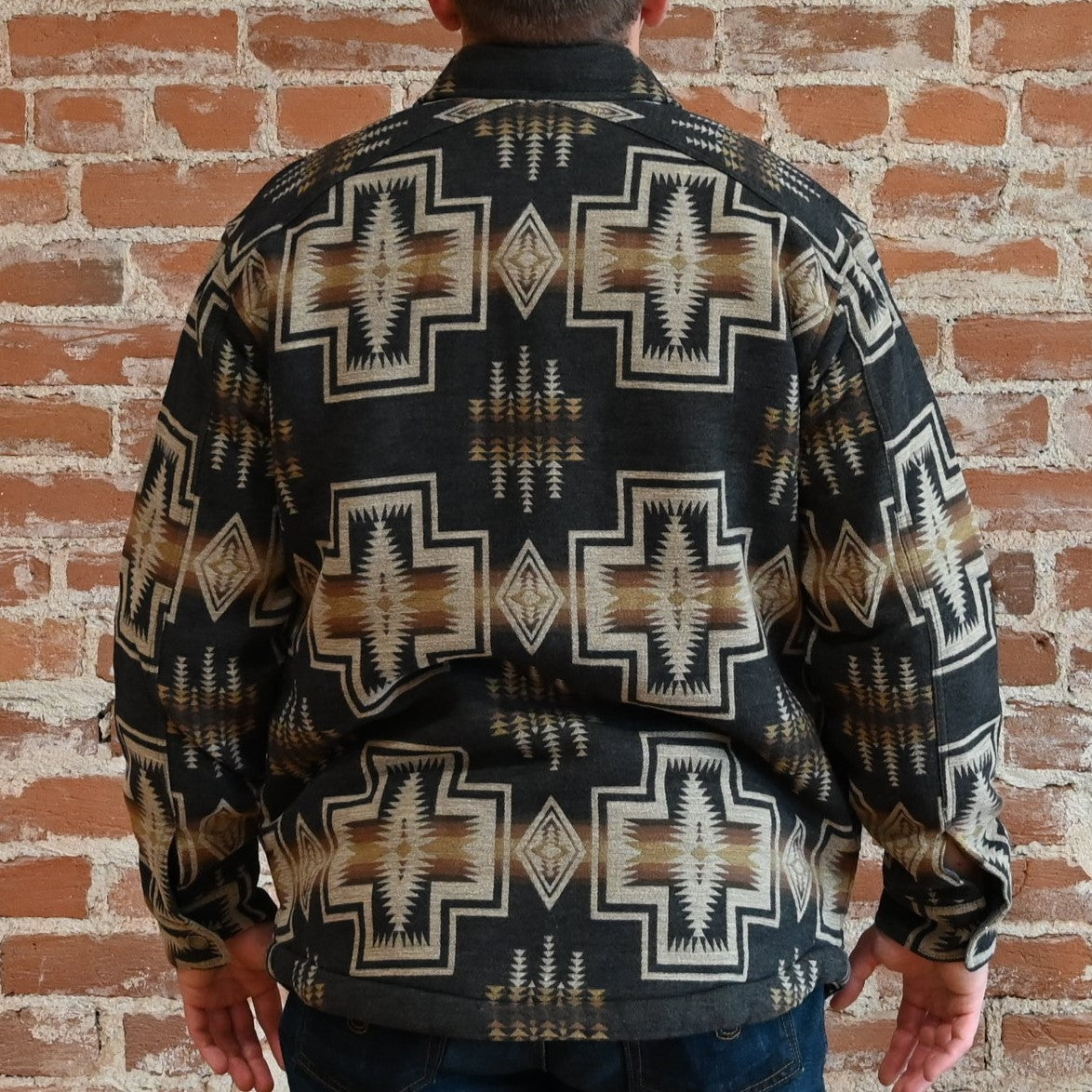 View of Pendleton Men’s Bay City sherpa-lined shirt jacket in Harding Oxford pattern