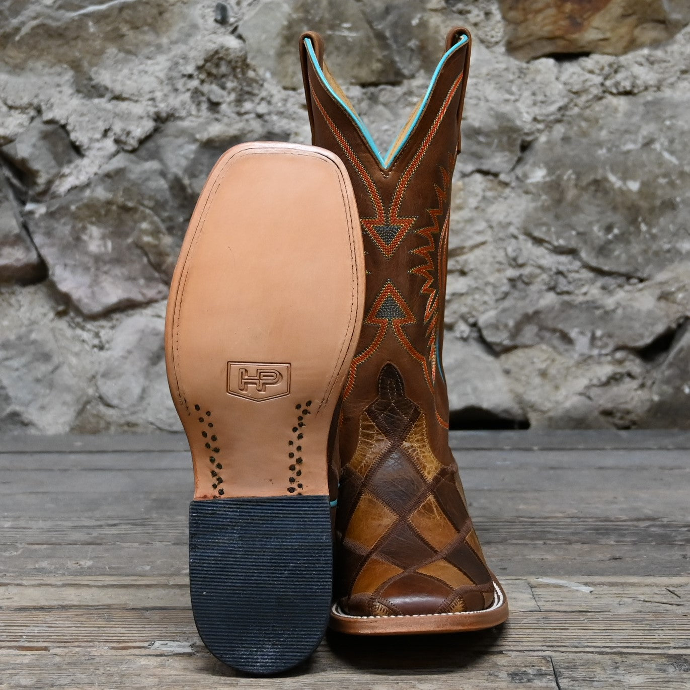 View of Horse Power 13" boot with Crazy Train patchwork vamp, honey top, square toe, and pull straps