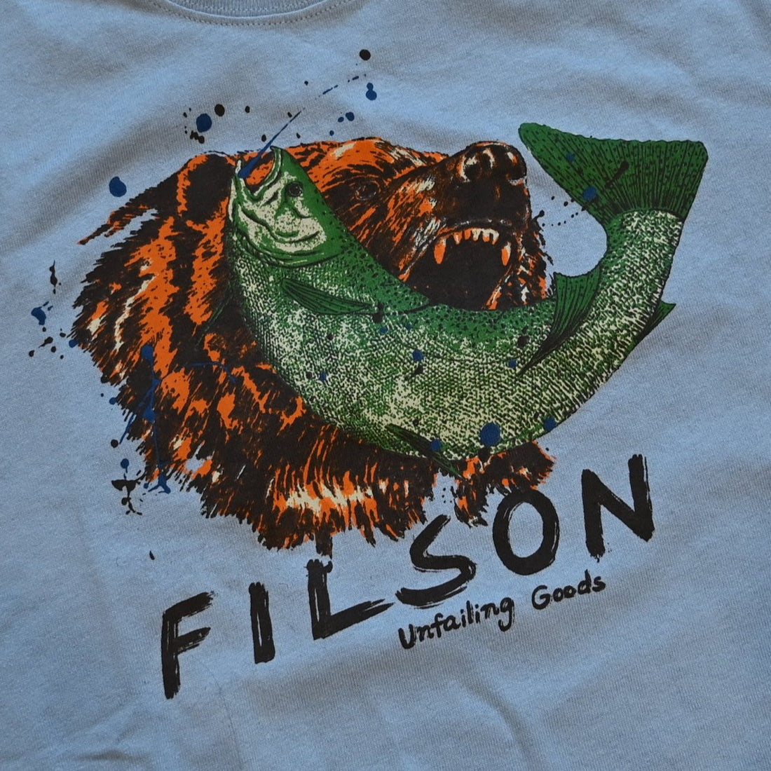 View of Filson Frontier Graphic T-Shirt featuring a custom bear fishing scene graphic