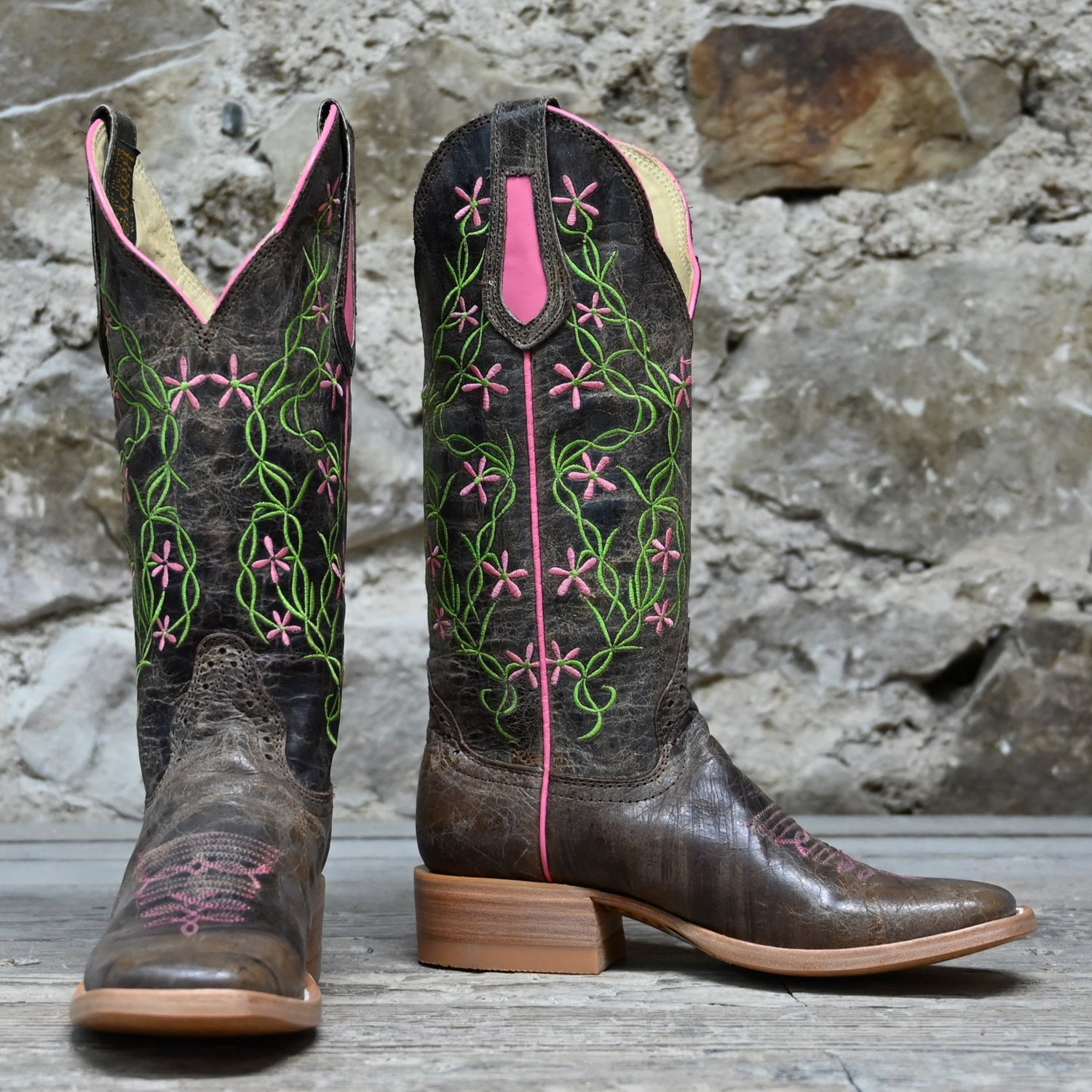 View of Hondo 13" cowboy boot in brown crater leather with wide square toe and classic Western stitching