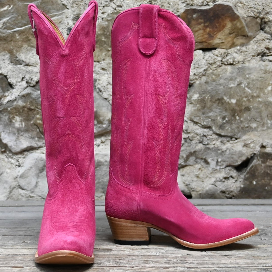 Macie Bean If Karlee were a Cowgirl Boots in Hot Pink Suede view of front and side