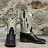 View of Hondo 11" cowboy boot with bone leather top, black steer vamp, and wide square toe
