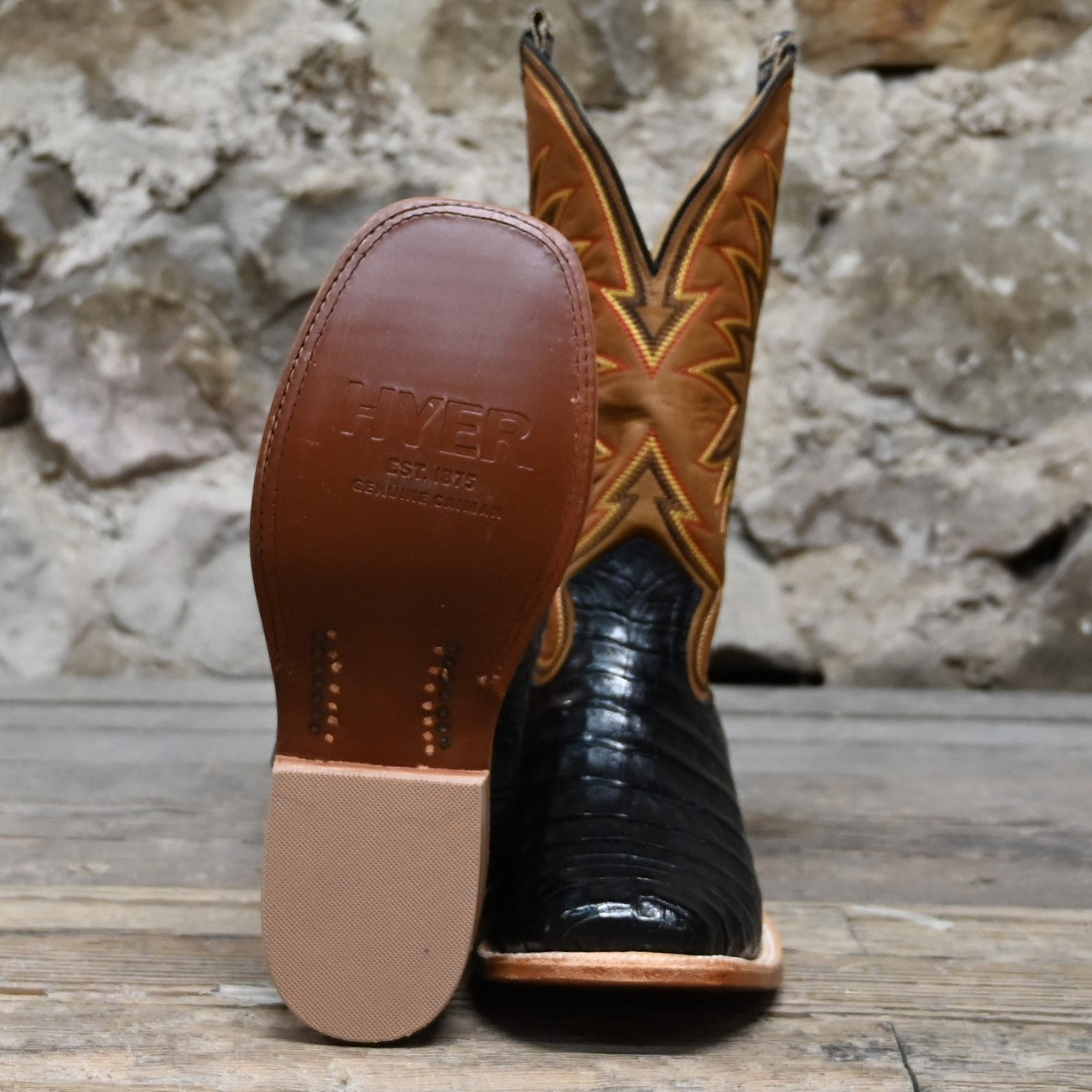 View of Hyer BIG BOW 13" boots featuring a honey vintage goat upper and black belly matte caiman vamp with historic stitch pattern