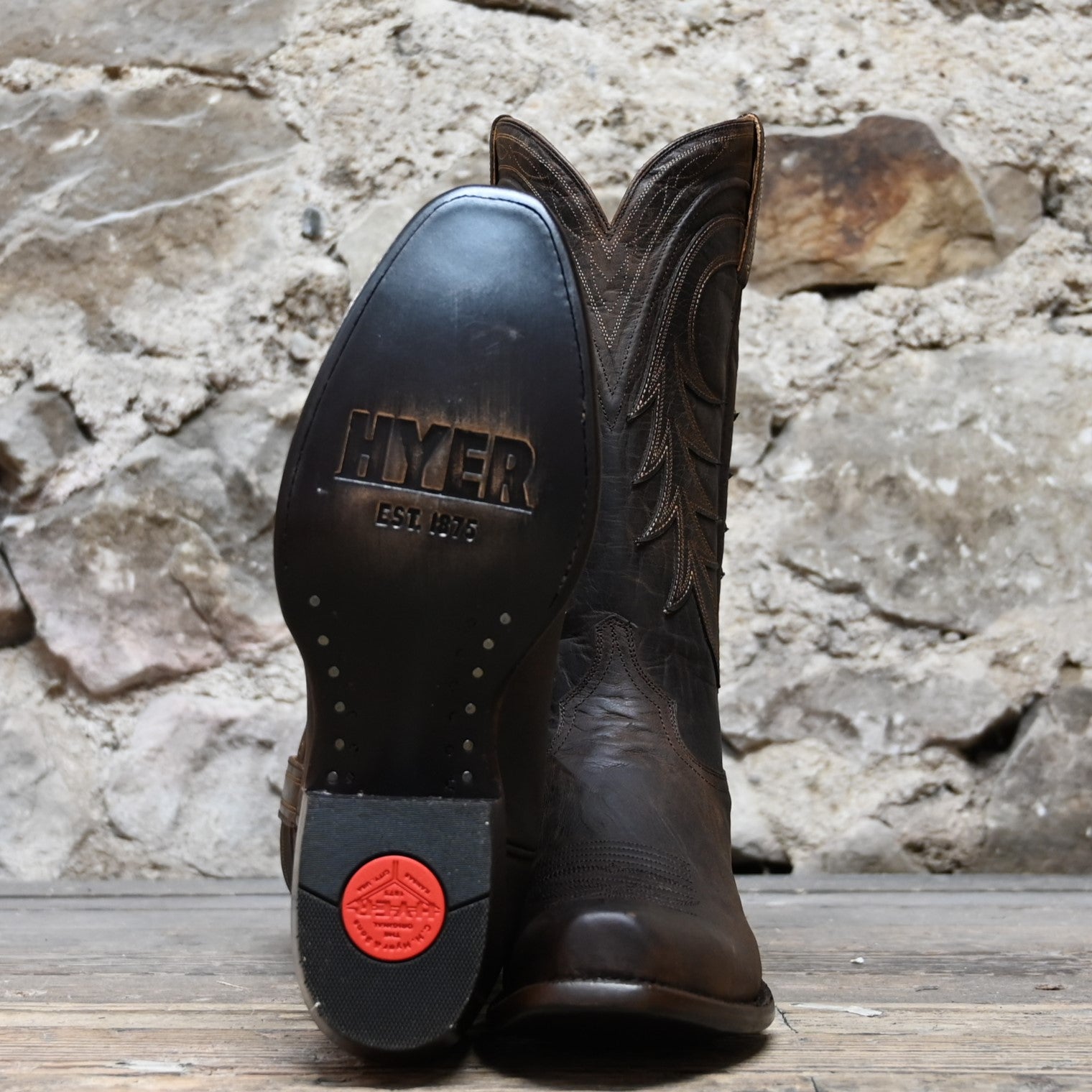 View of Hyer HUDSON 13" boots showcasing brown Mad Dog goat leather vamp and tan Mad Dog goat upper with narrow square toe and Western underslung leather stacked heel