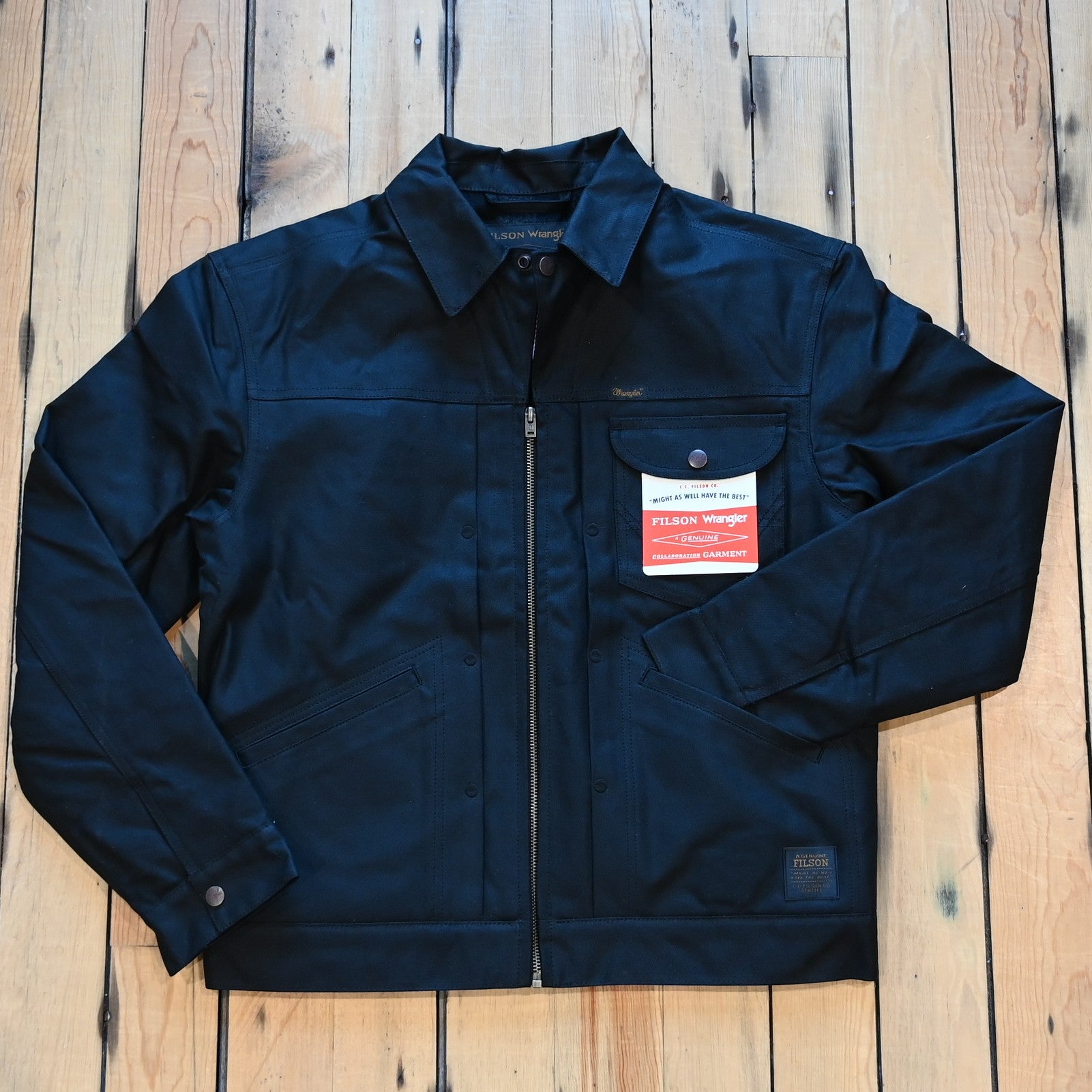 Filson × Wrangler Archival Adventure Jacket in black, waxed canvas outer with wool lining