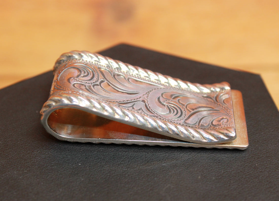 Fully Engraved Sterling Silver Money Clip view of money clip