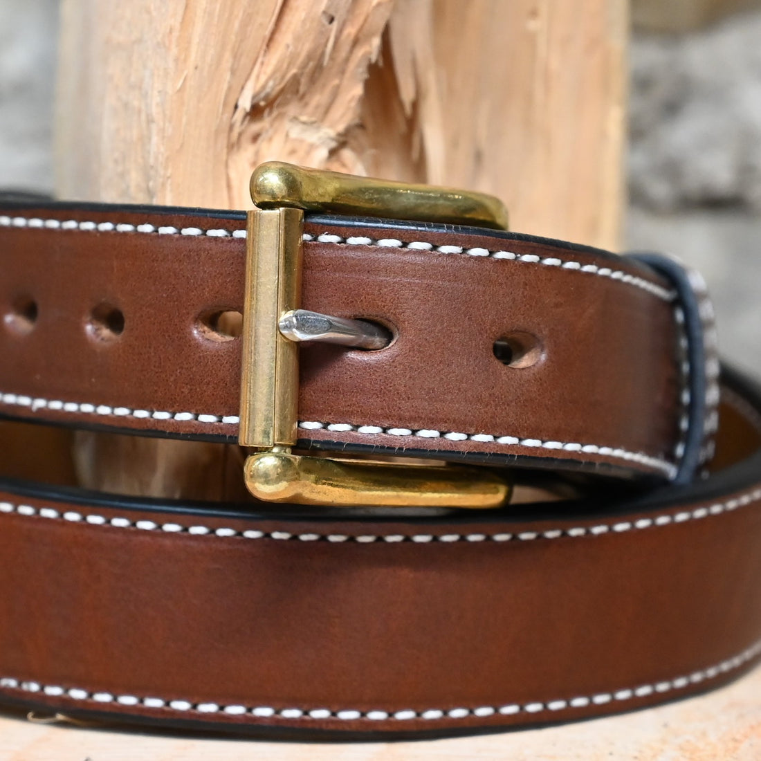 1.5 Medium Brown Single Stitched Belt view of close up
