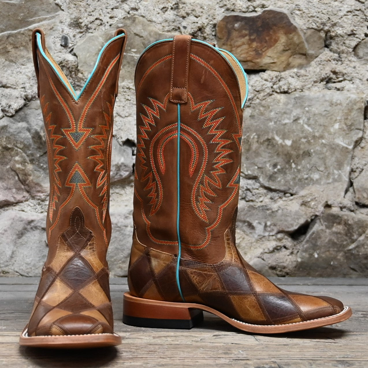 View of Horse Power 13" boot with Crazy Train patchwork vamp, honey top, square toe, and pull straps