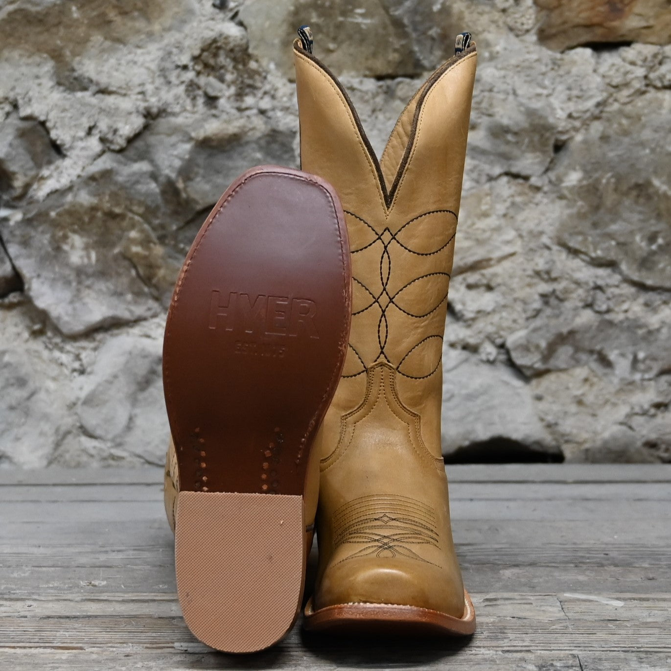 View of Hyer MAIZE 13" boots showcasing Sunrise Retan cowhide vamp and top with Cutter toe and leather stacked heel