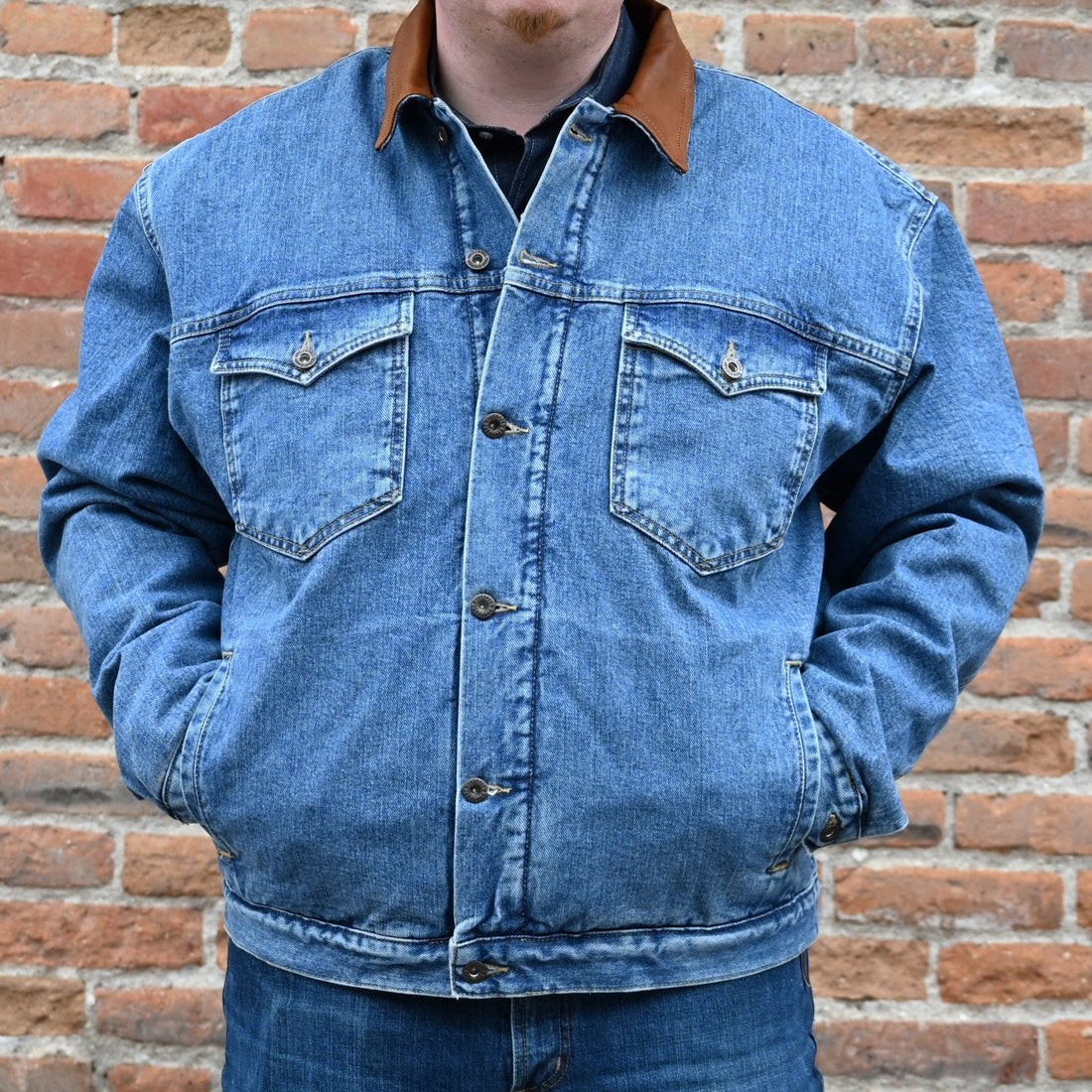Schaefer Legend Denim Jacket with Fleece Lining in Indigo view of front of jacket on model size XL