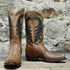 View of Hyer HUDSON 13" boots showcasing tan Mad Dog goat vamp and top with Forest goat overlay, Elite narrow square toe, and leather stacked heel
