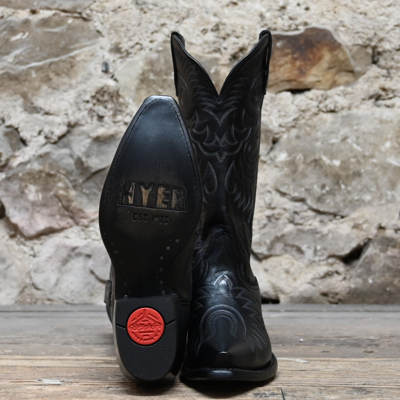 View of Hyer ROAD TO ARIZONA 13" boots showcasing black Ranch Hand cowhide vamp and upper with full boot embroidery, fashion snip toe, and leather stacked heel