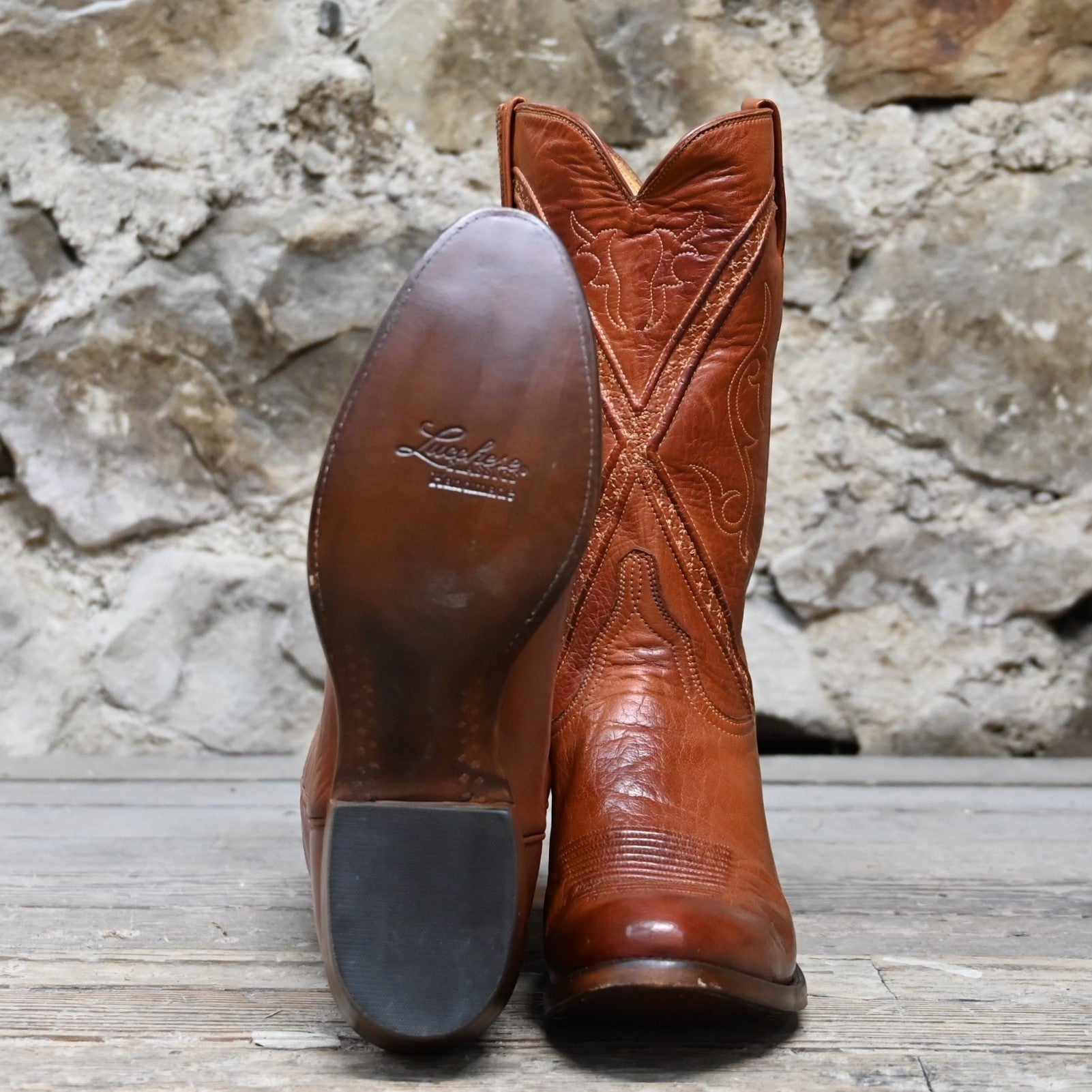 Lucchese Men’s 12-inch classic boot in cognac burnished buffalo calf leather with square toe and Western heel