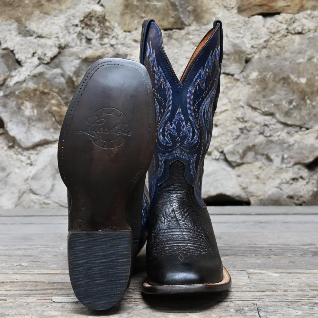 Lucchese Men’s bison leather boot in chocolate with Nova Blue accents, 11-inch shaft and square toe