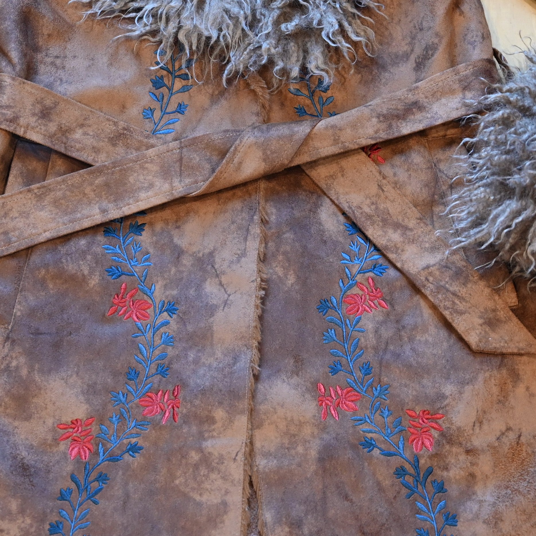 Tasha Polizzi Arlie Jacket in cinnamon faux suede with floral embroidery, faux shearling lining, and removable faux fur trim on sleeves and collar