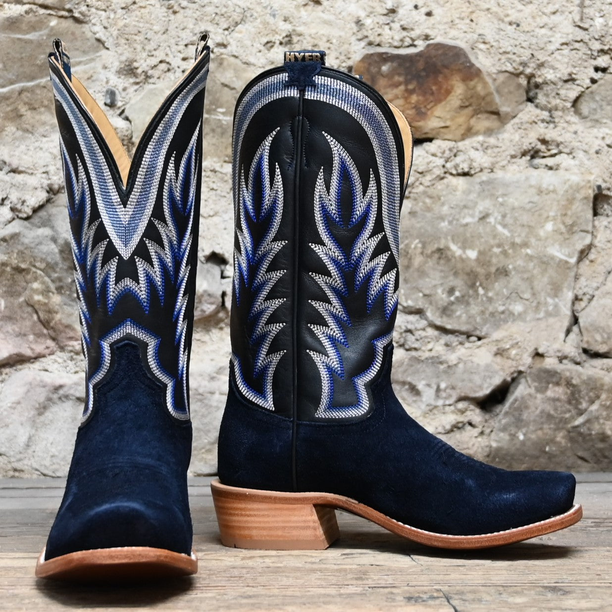 View of Hyer CULVER 13" boots showcasing Dark Navy roughout leather vamp and Black Top-Shelf cowhide top with Cutter toe and underslung heel