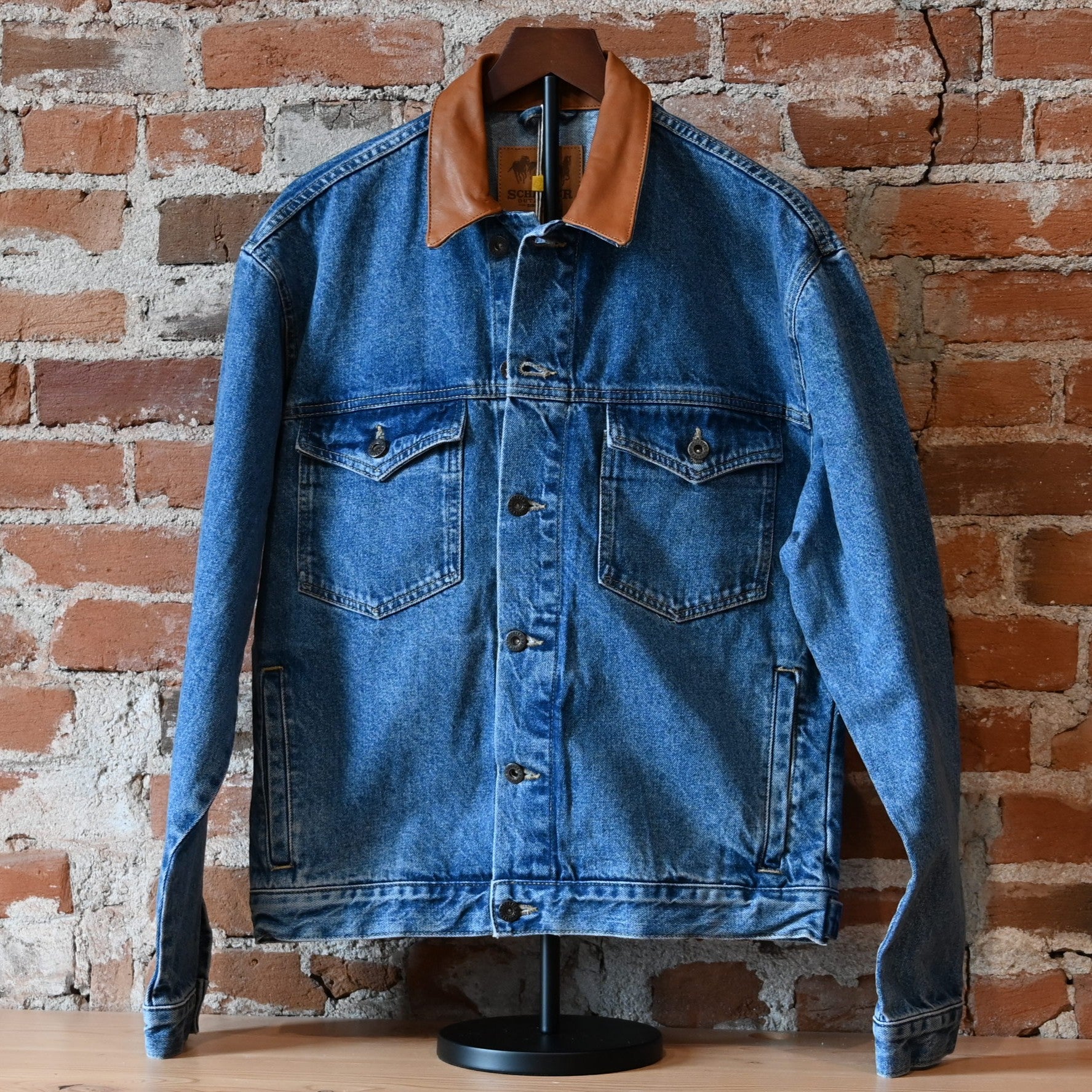 Schaefer Legend medium indigo denim jacket with leather collar and Western yoke