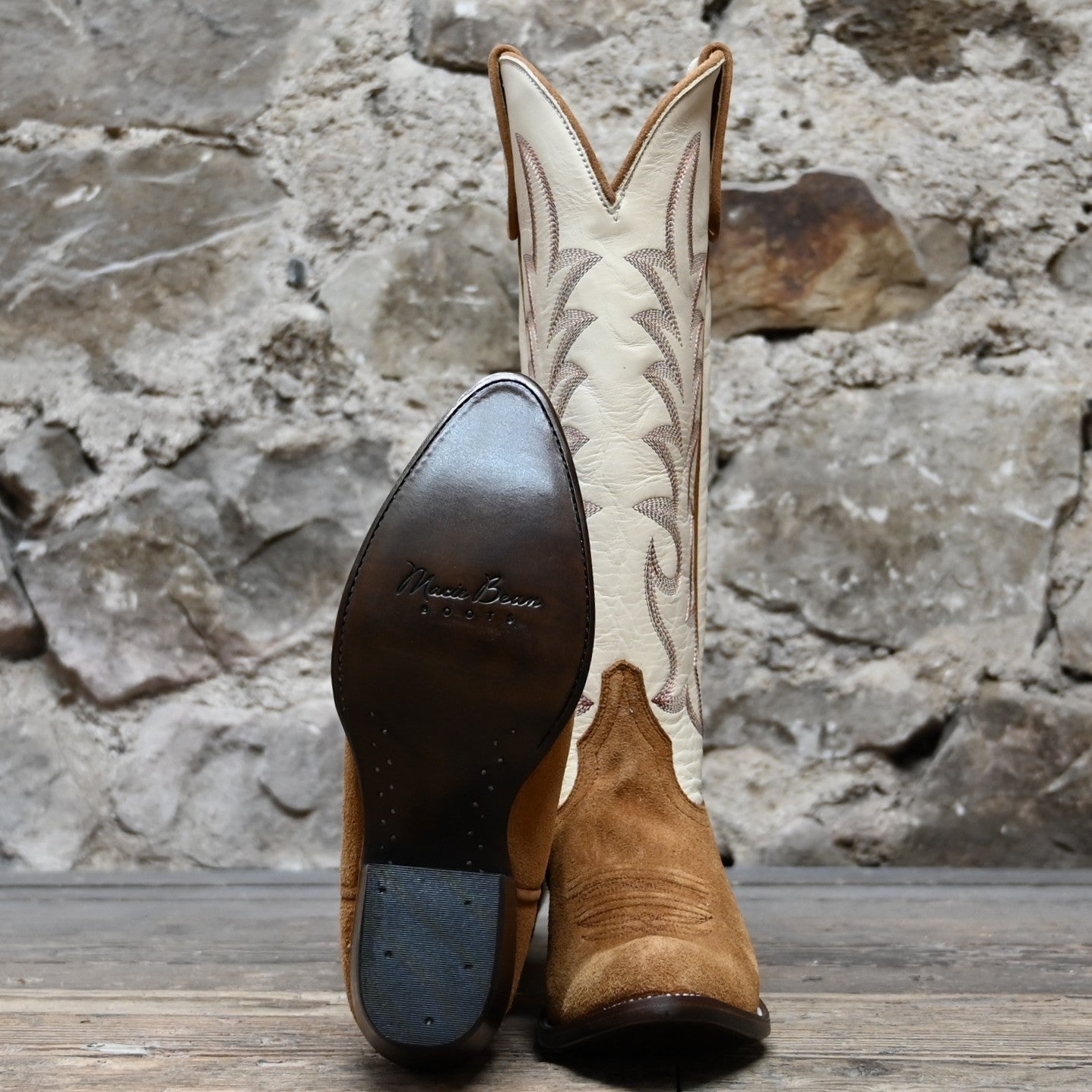 View of Macie Bean 15" brown suede boot with vanilla Hotshot top, almond toe, and cowgirl heel