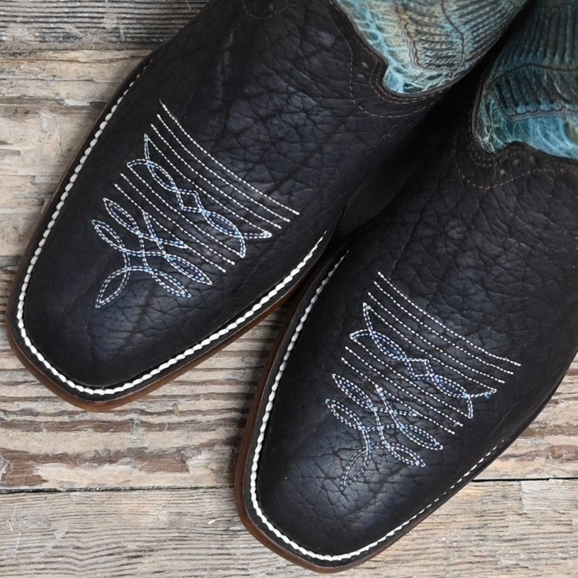 View of Hondo 12" cowboy boot with turquoise crater top, oiled bullhide vamp, narrow square toe, and spur ledge