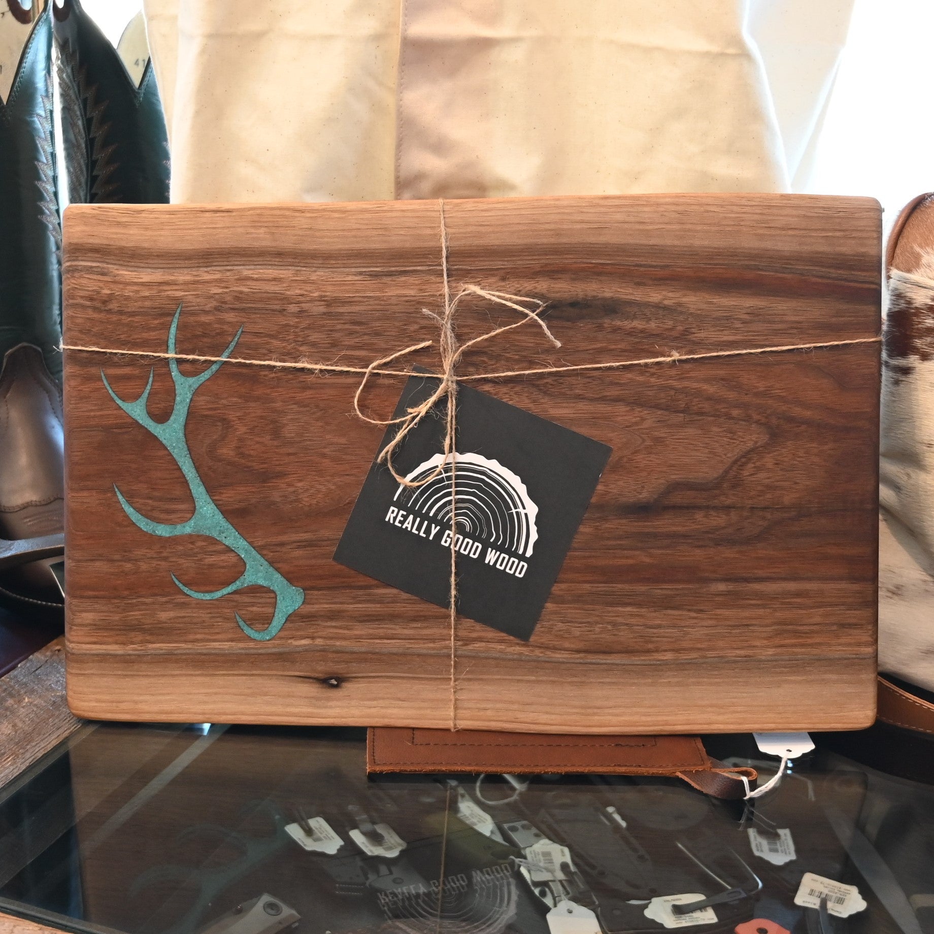 Elk Antler Genuine Turquoise Inlay Walnut Serving Board view of serving board