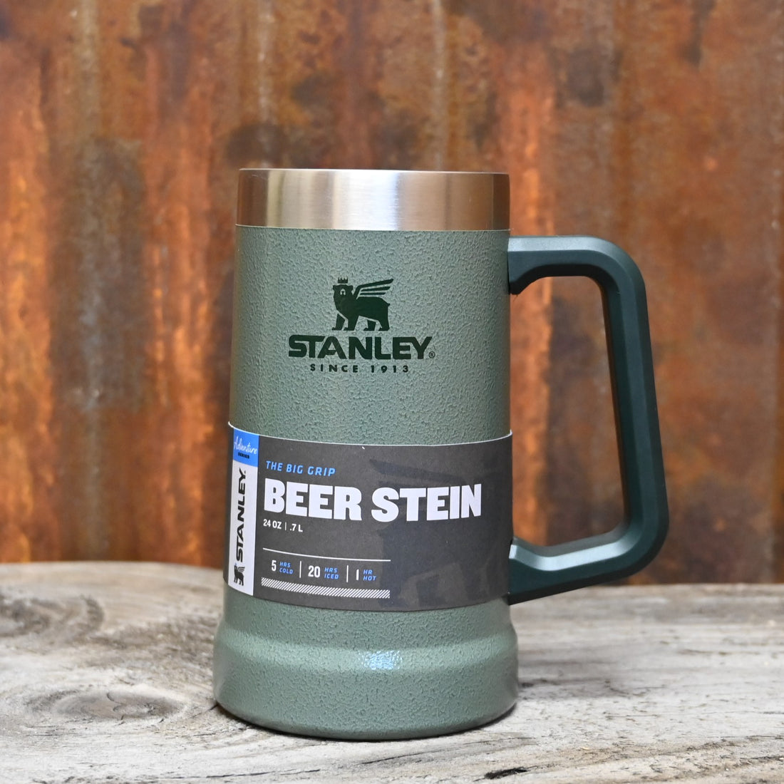 Stanley Adventure Big Grip Beer Stein in Hammertone Green view of beer stein