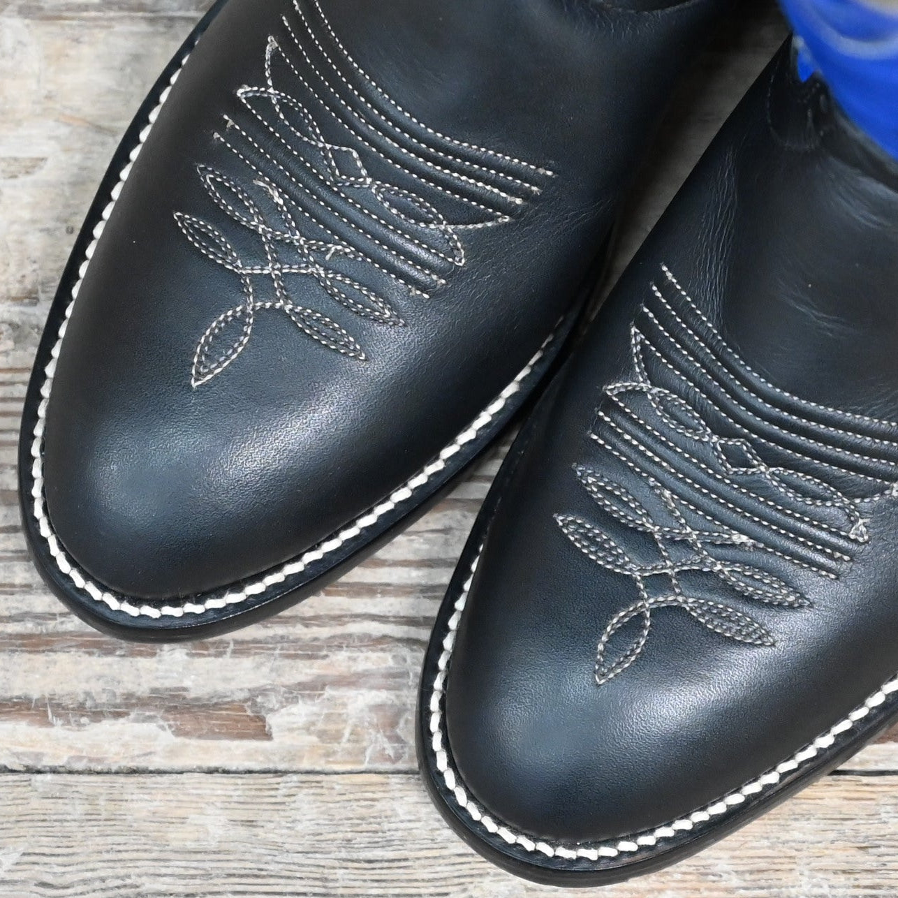 View of Hondo 14" cowboy boot with royal blue top, black retan vamp, medium round toe, and spur ledge