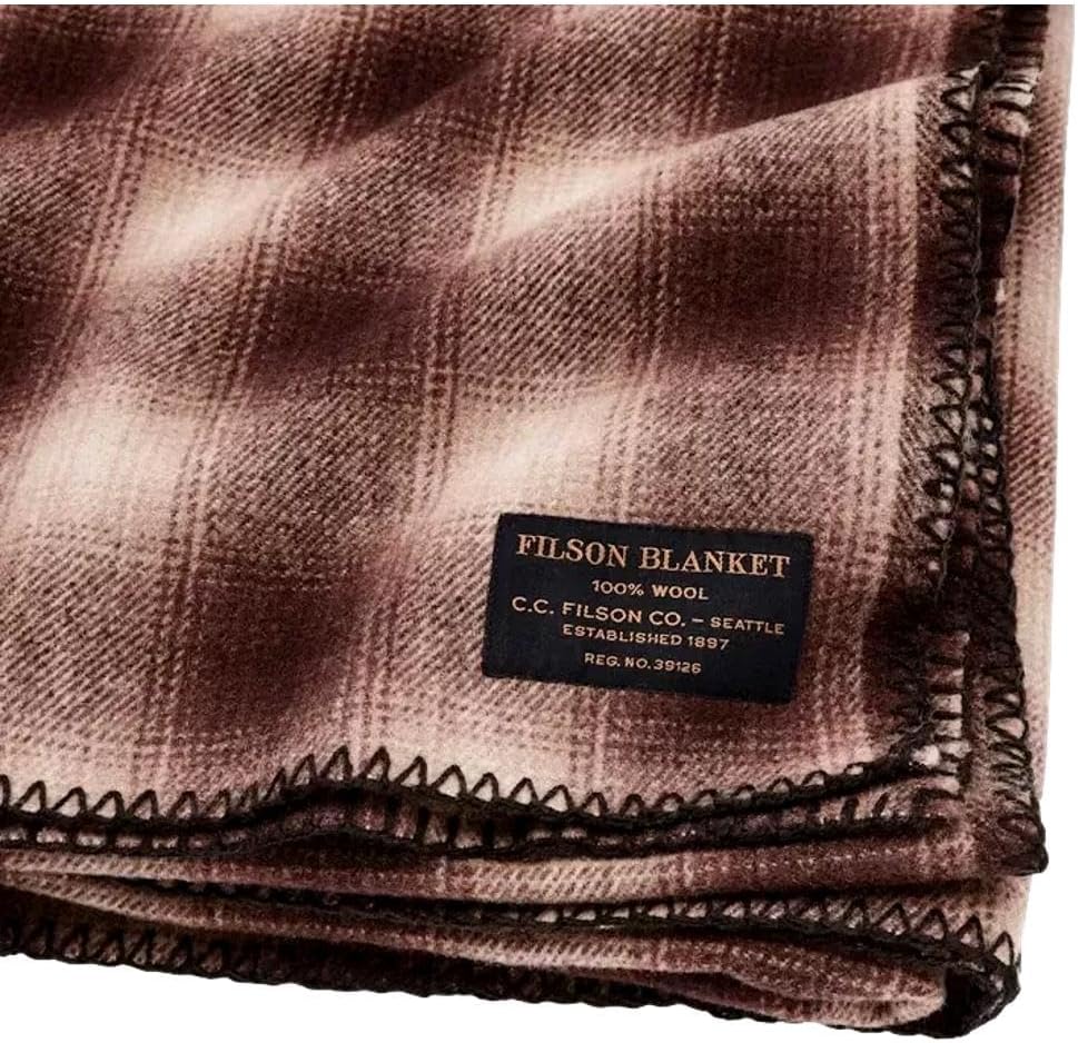 Filson Mackinaw wool blanket in brown tan ombre with serged edges