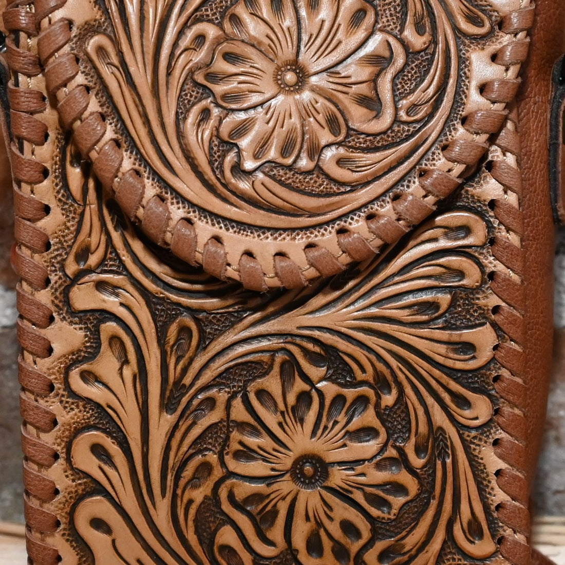 American Darling Tooled Leather Crossbody Cell Phone Bag view of detail