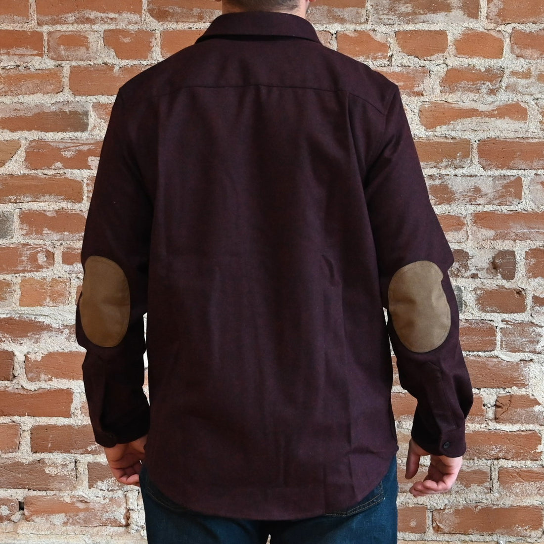 View of Pendleton men’s Trail Shirt in Burgundy Mix with chest pocket and elbow patches