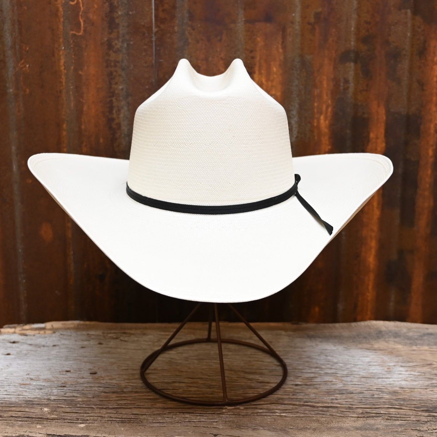 View of Stetson Campbell straw cowboy hat with vented Cattleman crown and leather hatband