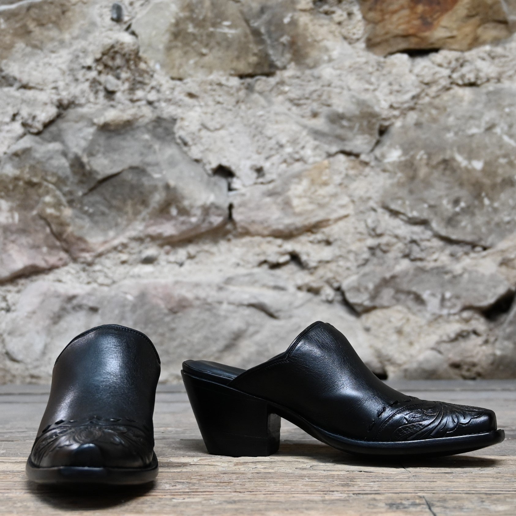 View of Stallion Ladies mule slider in antique tooled leather with 0.75 square toe and 2" fashion heel
