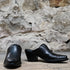 View of Stallion Ladies mule slider in antique tooled leather with 0.75 square toe and 2" fashion heel