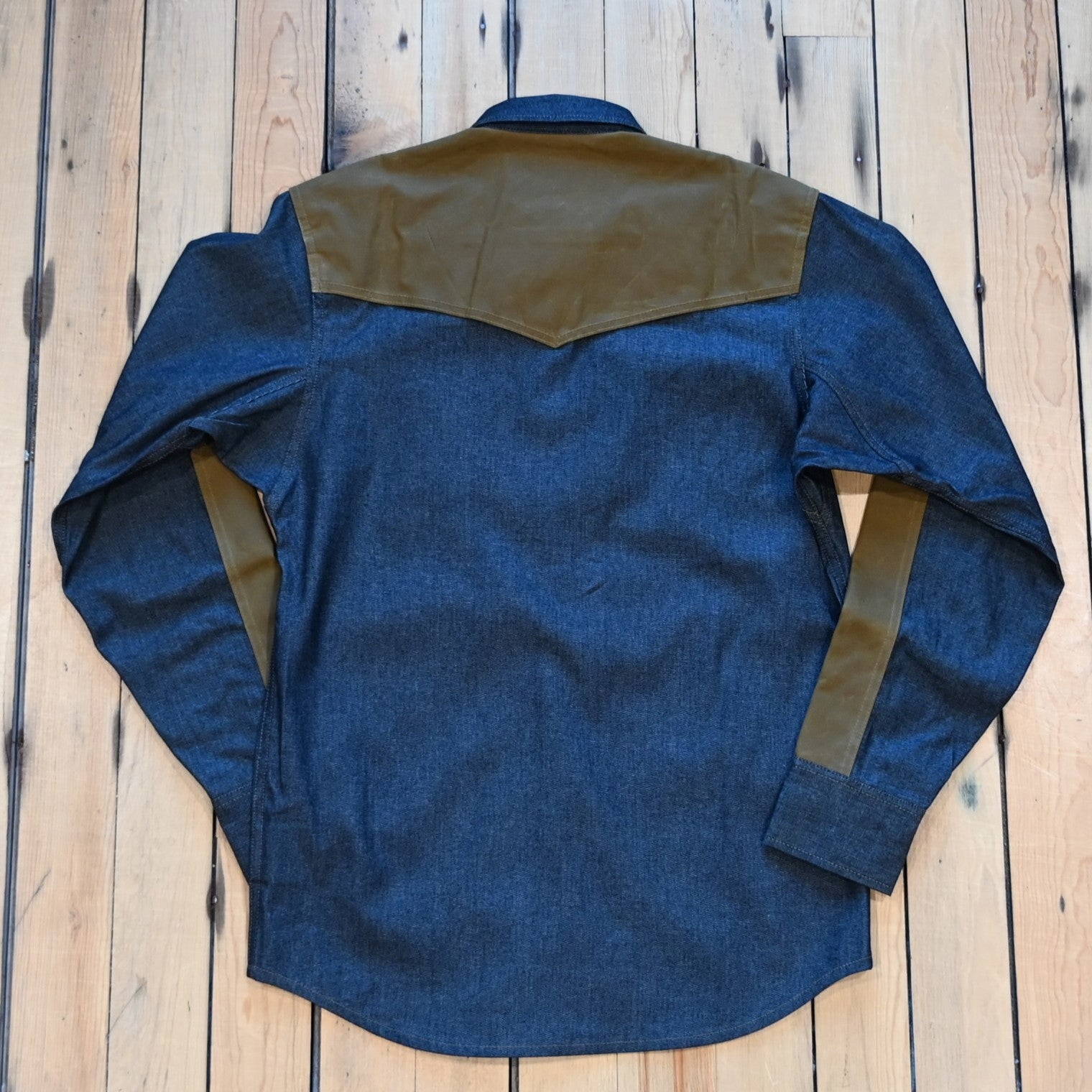 Filson × Wrangler Two-Tone Adventure Shirt in indigo and tan with contrast canvas overlays